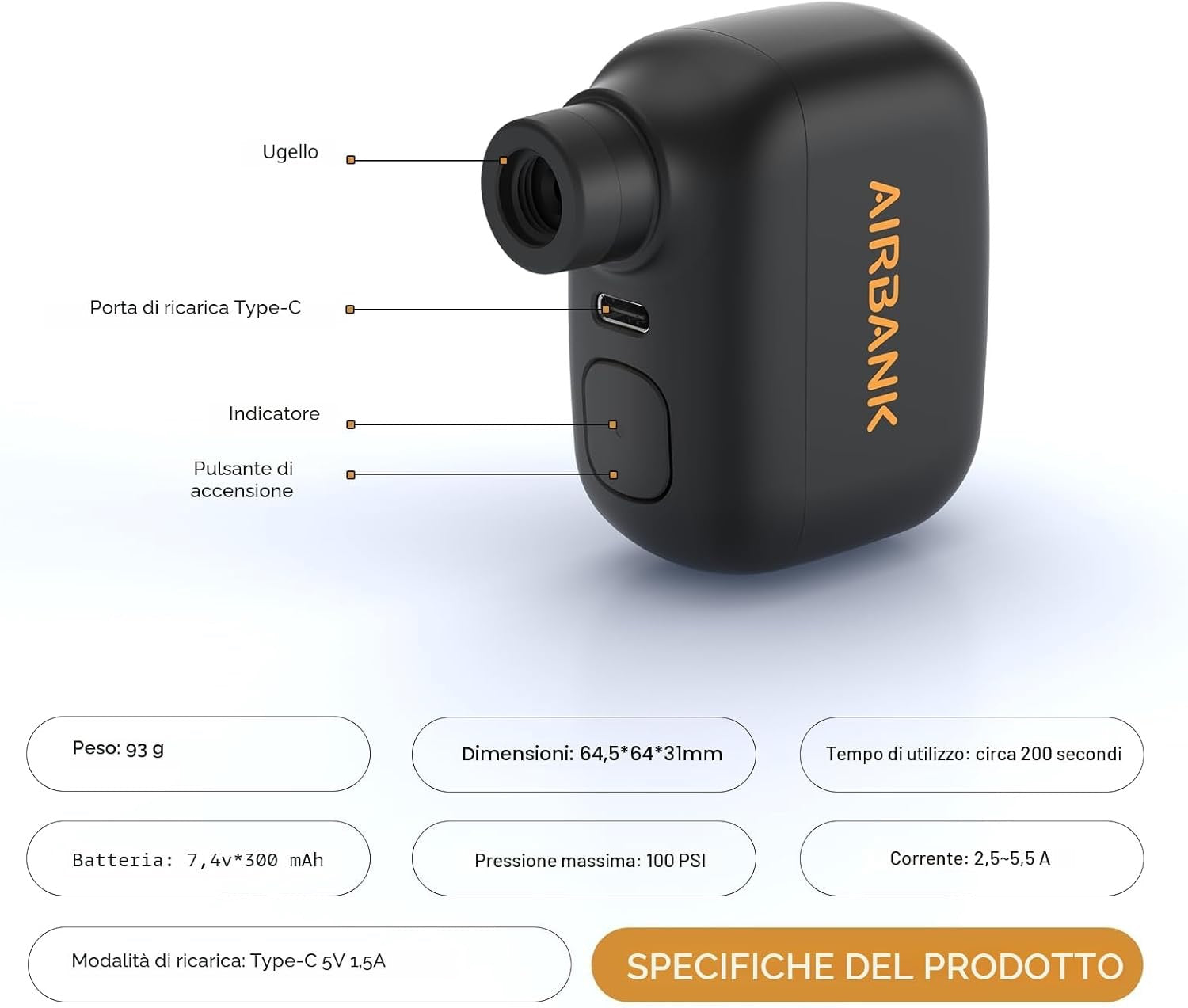 Mini Pompa ad Aria da 100 psi Ricaricabile